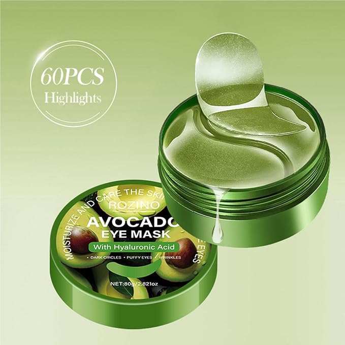 Avocado Eye Masks 60Pcs - Hydrating Under Eye Patches with Aloe Vera, Hyaluronic Acid - Cooling Gel Mask for Puffy Eyes, Dark Circles & Fine Lines (Avocado Green)