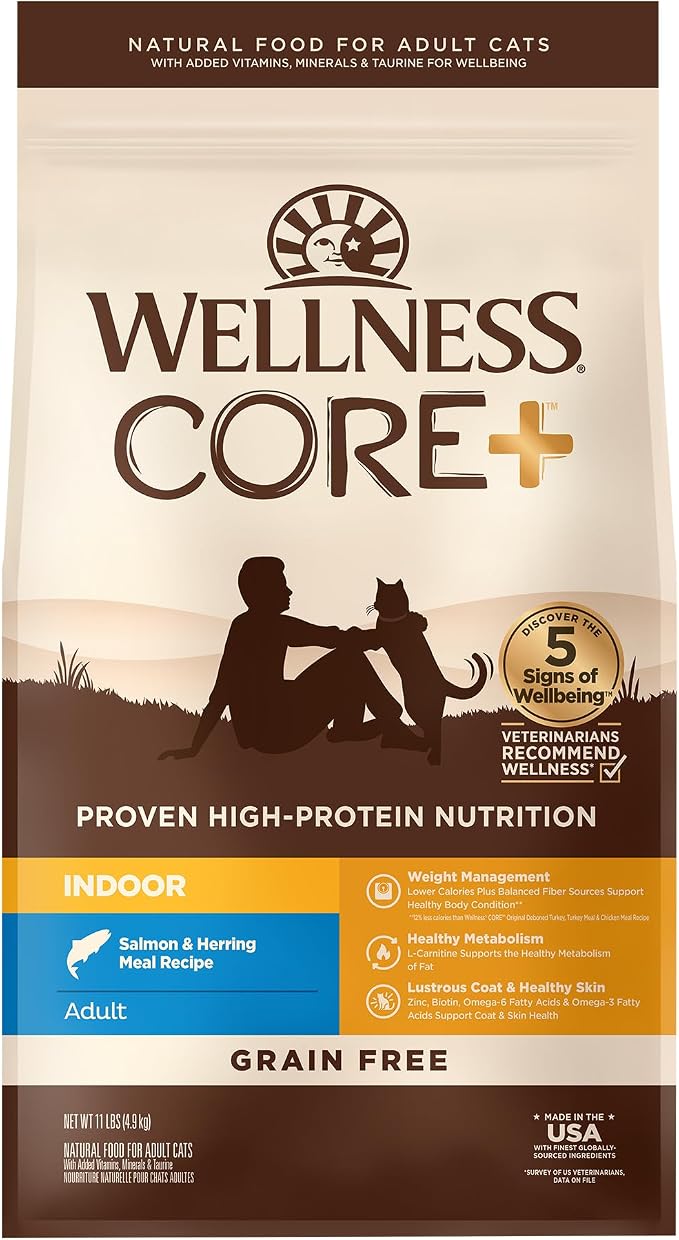 Wellness CORE+ Adult Dry Cat Food for Indoor Cats, Natural, Grain Free Kibble, Salmon and Herring Meal Recipe, 11 lb Bag