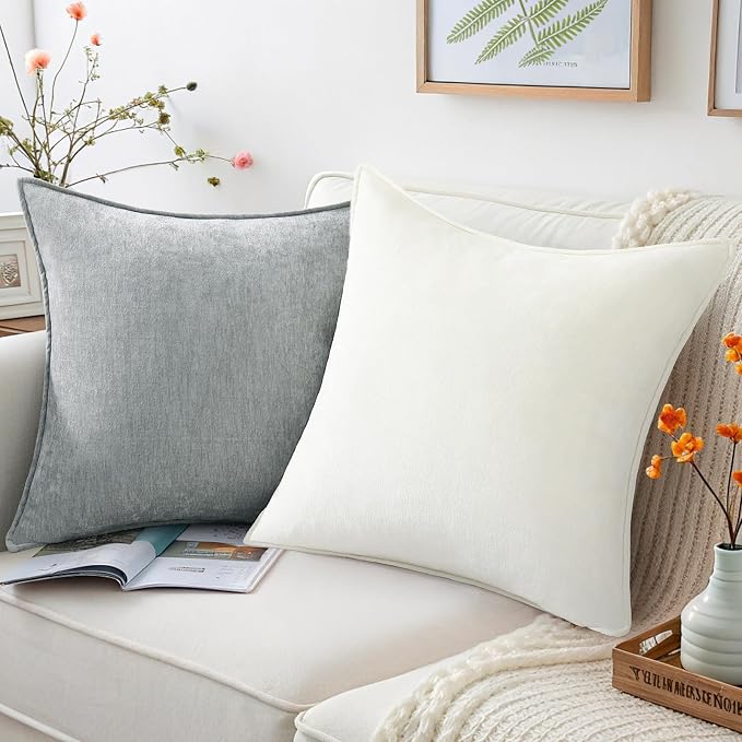 decorUhome Chenille Ultimate Gray Throw Pillow Covers 26x26 Set of 2 | Fall Soft Euro Sham Couch Decorative Modern Velvet Pillow Cases with Elegant Design for Sofa Bed Living Room Home Decor