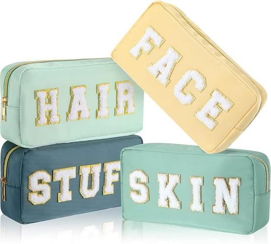 Preppy Makeup Bags Chenille Letter Stuff Bag Nylon Cosmetic Pouch Cases with Zipper for Women Travel Toiletry(Mint Color,Classic,4 Pcs)