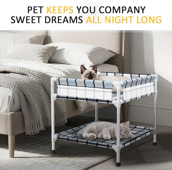 Bedside Dog Bunk Bed with Guardrail, 2 Layers Window Perch Sleeper Dogs Cot | 2-Tier Bedside Sleeper with 3-Fence, Double Elevated Human Dog Bed for Multi-Pet Households, Small