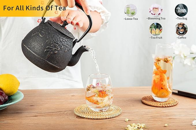 TOPTIER Japanese Cast Iron Tea Kettle with Stainless Steel Infuser, Cast Iron Teapot Stovetop Safe, Leaf Design Teapot Coated with Enameled Interior, 32 Ounce (950 ml), Turquoise Blue