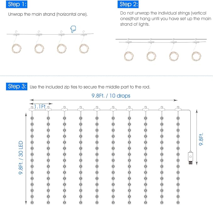 Minetom Curtain Lights, 300 LED Dimmable Fairy Lights with Remote and Timer, 8 Modes, USB Powered String Lights for Room Wall Party Xmas Indoor Decor, Blue & White Hanukkah Decorations Lights