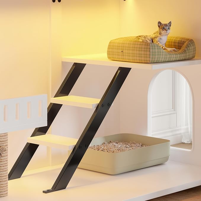 47.25" Large Cat Litter Box Enclosure with LED Light, Hidden Litter Box Furniture with Stairs and Scratching Post, Cat Cabinet Side Table with Smart Door Modes for Living Room, White