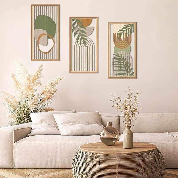 IARTTOP Boho Mid-century Modern Wood Wall Art 8x16 Inch Framed Green Bohemian Abstract Wooden Wall Decor Set of 3 Minimalist Geometric Leaf Artwork for Living room Bedroom Office