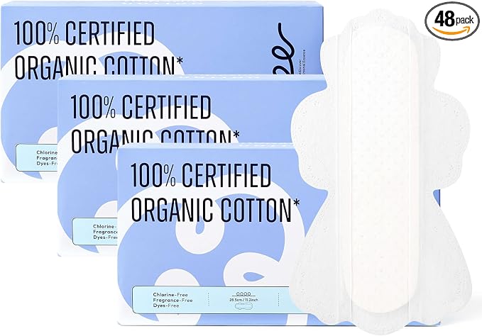 RPE Life 100% GOTS Organic Cotton Period Pads with Wings,Size 4, 48 Count | Large Size 4 pads with wings for heavy flow; highly absorbent, breathable, chlorine-free period protection.