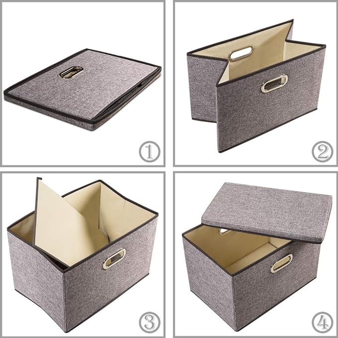 Large Collapsible Storage Containers with Lids [5-Pack] Linen Fabric Foldable Storage Bins Boxes Organizer Baskets Cube with Cover for Home Bedroom Closet Office Nursery (17.7x11.8x11.8)