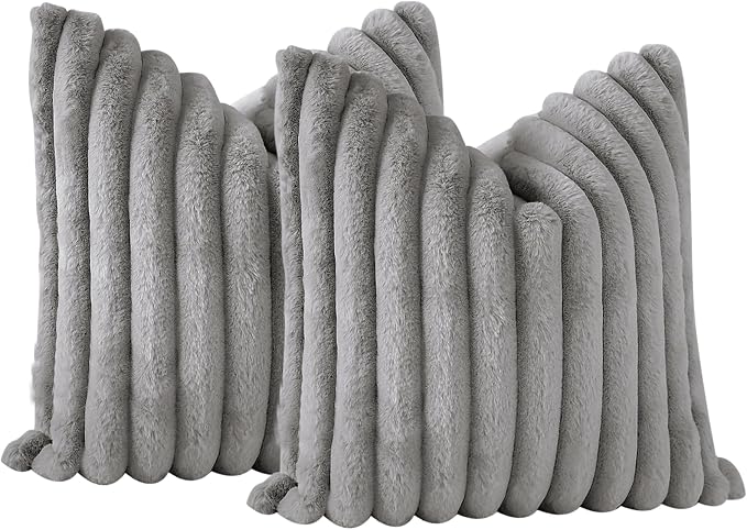 Soleebee Set of 2 Throw Pillow Covers Soft Cozy Velvet Pillowcase Faux Rabbit Fur Cover for Couch Sofa Bed Chair Home Decorative Pillows Cover (18x18 Inch, Smoky Gray)