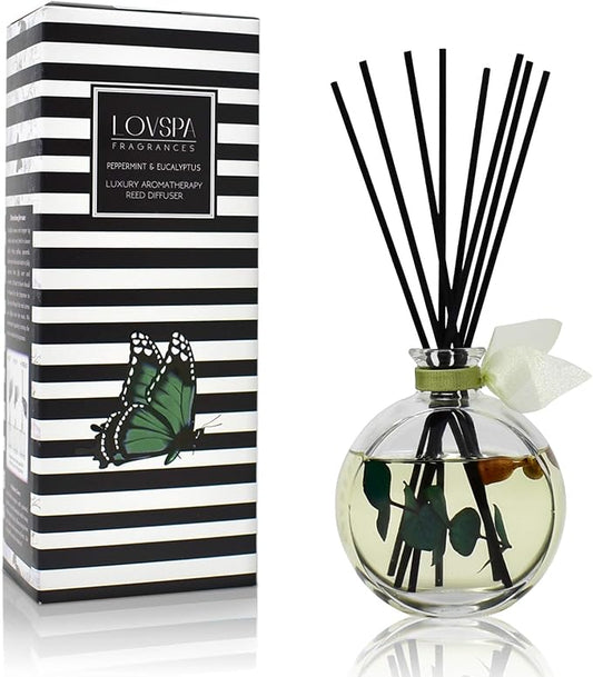 Reed Diffuser Set, Unwind Eucalyptus & Mint Scented Oil Diffuser with Sticks, Home Fragrance Accessories for Bathroom Shelf Decor, Aroma Diffusers for Home or Office Desk, USA Made