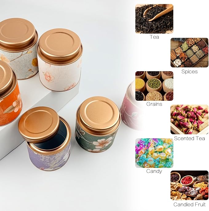 TooGet Tea Tin Canisters 6Pcs - Loose Leaf Tea Storage Small Empty Tins Vintage Round Airtight Storage Tin Containers with Lids, Tinplate for Teas, Coffee, Herbal, Spices & Dry Food (3.93 x 4.13 in)