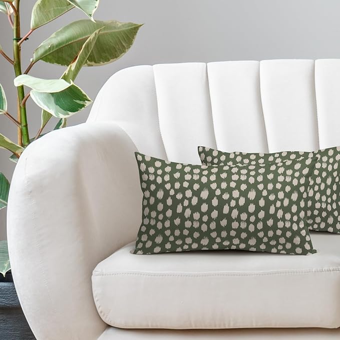 Dark Sage Green Cream Dots Lumbar Pillow Covers 12x20 Set of 2 Boho Design Polka Dot Print Throw Pillows Modern Outdoor Decorative Pillowcase Rectangle Linen Cushion Cases Decor for Sofa Couch Bed