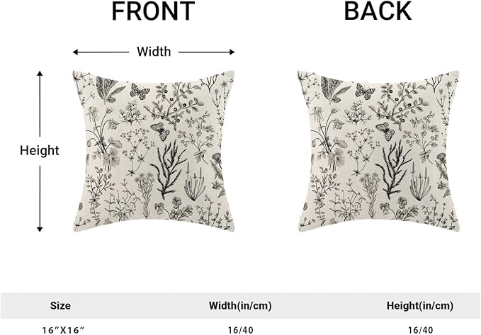 AEIOAE Spring Pillow Covers 16x16 Inch Set of 2,Black Gray Wild Flower Plant Throw Pillows Case,Seasonal Floral Outdoor Decorative Square Linen Farmhouse Decor Cushion Covers for Home Sofa Bed Couch