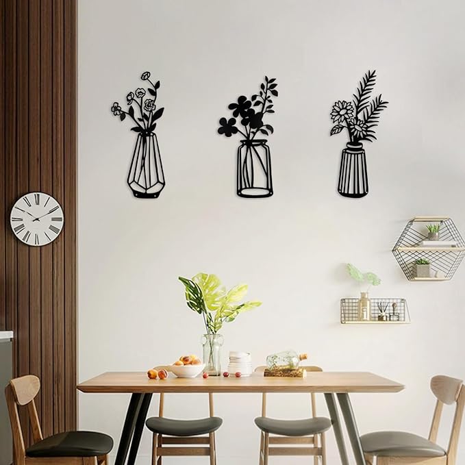 3 Pcs Metal Flowers Wall Arts,Black Metal Vase Wall Art,Iron Art Painting,Rustic Farmhouse Decor Minimalist Flower Decor for Bedroom Bathroom Living Room Dining Room(Black, Vase-B)