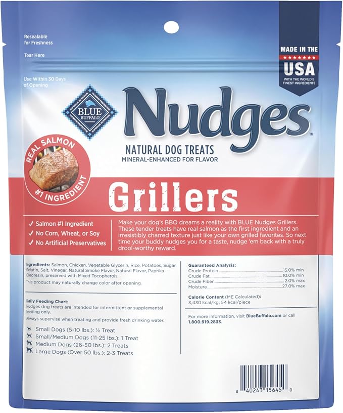 Blue Buffalo Nudges Grillers Salmon Dog Treats, 16 oz | Real Salmon First, Oven-Dried, Easy to Tear, For All Breed Sizes, No Artificial Preservatives