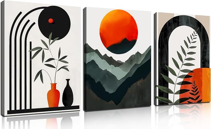 DNIEOTU Boho Wall Art for Living Room, Bohemian Canvas Wall-Decor for Bedroom, Mountian Moon and Geometric Shapes Picture Prints, Size 12 x 16 Inches 3-Pieces