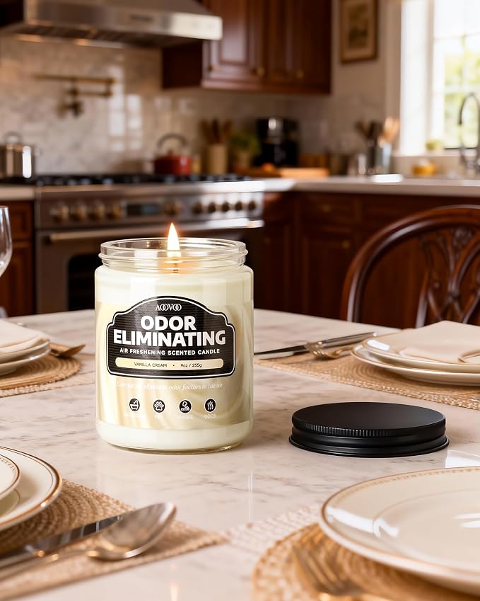AOOVOO Vanilla Cream Odor Eliminating Highly Fragranced Candle - Eliminates 95% of Pet, Smoke, Food, and Other Smells Quickly, Non Toxic Air Freshing Soy Candle, Up to 50 Hours Burn time