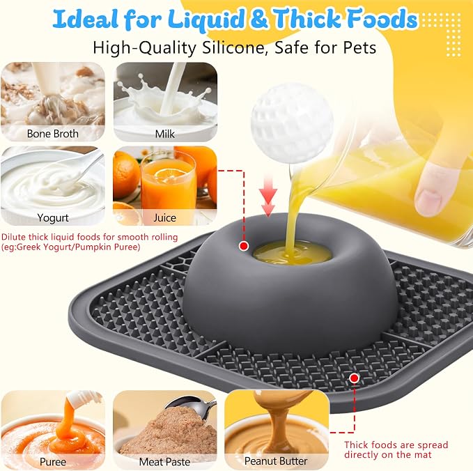 Slow Feeder Dog Bowls & Lick Mat for Liquid and Thick Treat, Anti-Slip Dog Lick Bowl with Interactive Rolling Ball, 5/6 Cup Pup Licking Toy for Large Medium Small Dogs and Cats-Large Gray
