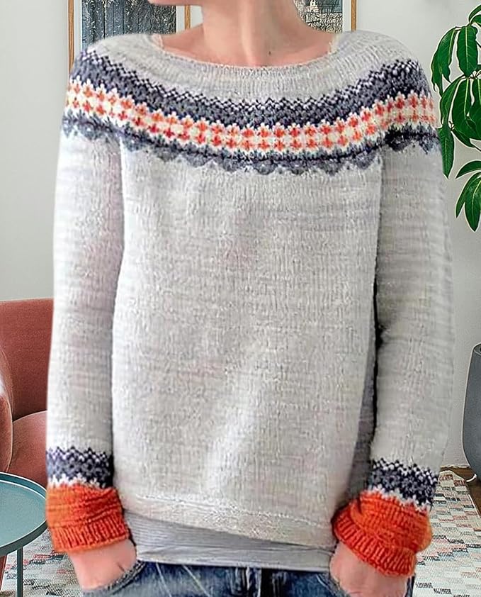 Zhyaj Fair Isle Sweater for Womens Winter Long Sleeve Vintage Knitted Sweater Casual Fall Crew Neck Pullover Sweaters