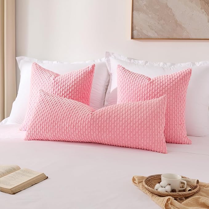 Kevin Textile Soft Corduroy 14"x36" Lumbar Pillow Cover 1 Pack, Pink | Boho Stripe Plush Corduroy Decorative Oblong Cushion Cover Modern Farmhouse Home Decor for Sofa Couch Bed Chair