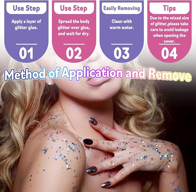 Laza Body Glitter, 2 Jars Holographic Chunky Sequins with Glitter Glue Perfect for Women Eyeshadow Makeup Face Paint Festival Rave Outfits Hair Accessories Carnival Party Costumes - Cyan Blue
