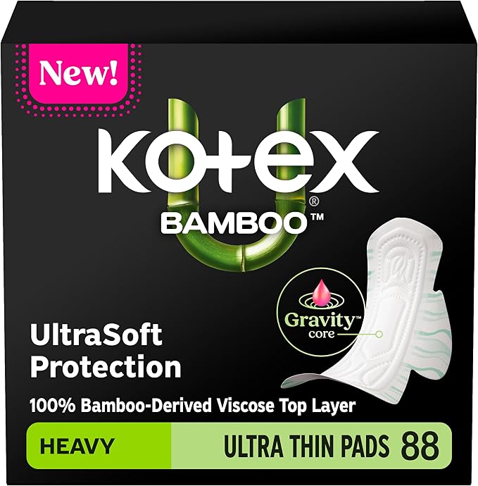 Kotex Bamboo Ultra Thin Pads with Wings, Heavy Absorbency, 88 Count (2 Packs of 44)(Packaging May Vary)