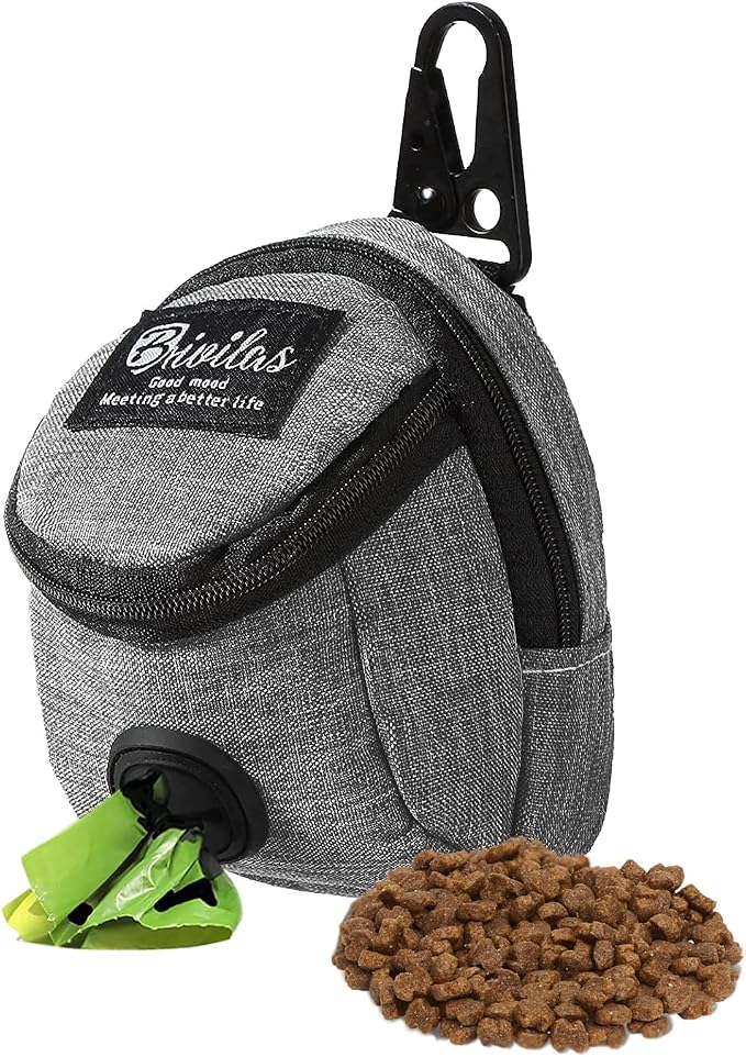 FuninCrea Dog Treat Pouch Bag, Dog Treat Bag with Built-in Poop Bag Dispenser Dog Training Treat Pouch for Walking Oxford Cloth Dog Training Bag for Travel Outdoor Training (Grey)