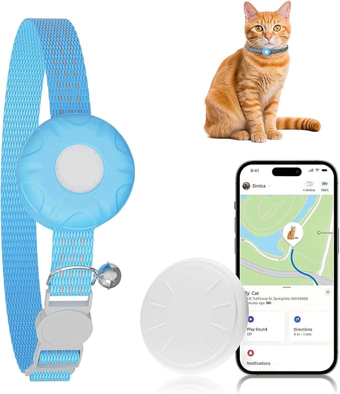 Cat Tracker,GPS Tracker, Compatible with Apple Find My App(Only iOS),Cat Tracker Collar with Bell and Safety Elastic Buckle,No Monthly Fee,Territory & Location History,Smart Alerts,Blue