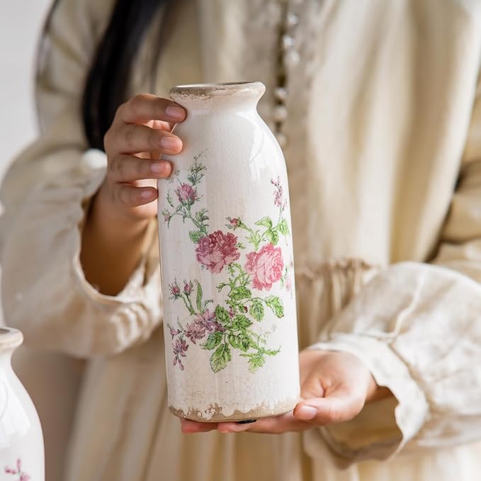 Teweiqi Ceramic Rustic Farmhouse Vase, Distressed Floral Pattern, Holds Water, With Handle, 7.8 inches