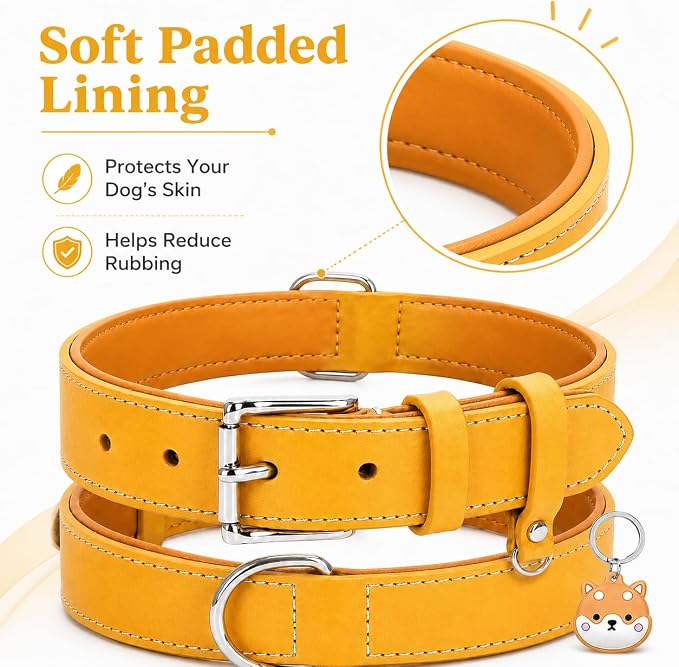 Genuine Leather Dog Collar, Soft Padded Leather Dog Collars with Airtag Holder Case for Small Medium Large X-Large Dogs,Comfort Heavy Duty Pet Collar with Durable Metal Buckle & D-Ring-Light Yellow/S