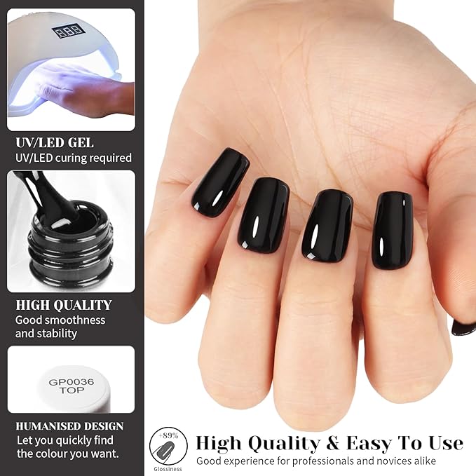 Black Nail Polish, UV/LED Lamp Soak Off Opaque Dark Gel for Manicure Salon or DIY Nail Art at Home, 0.51 Oz Color Kit for Women Girls Gift - GP0048