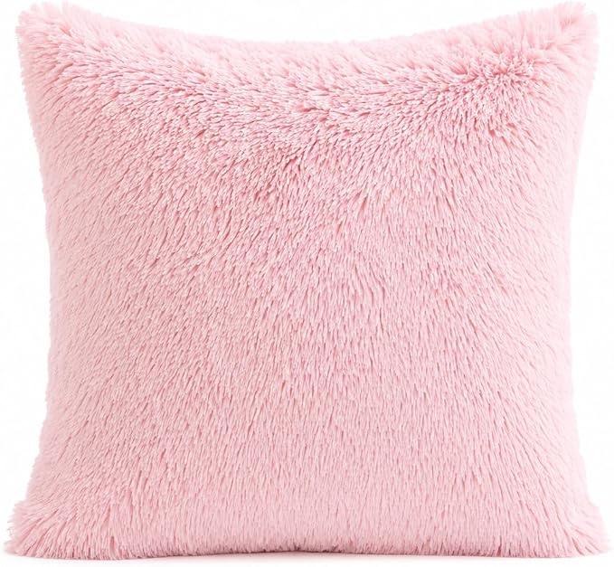 REAFORT Long Hair Faux Fur Euro Sham Cover 26"x26", Hidden Zipper (Pink) | Ultra-soft plush faux fur with a hidden zipper adds luxurious comfort and is machine washable for easy care.