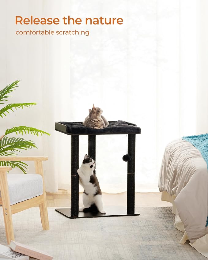 26.7in Cat Tree Tower Condo, Cat Scratch Posts for Indoor Cats, Big Plate, Three 23.6in Full Sisal Scratching Posts, Black