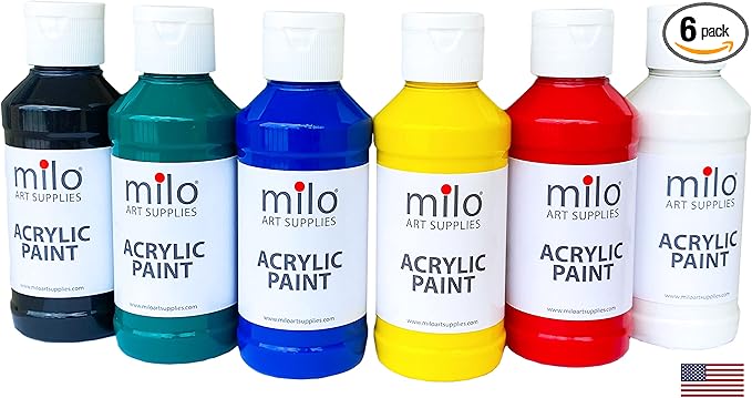 milo Acrylic Paint Set of 6 Colors | 4 oz Bottles | Student Primary Colors Acrylics Painting Pack | Made in the USA | Non-Toxic Art & Craft Paints for Artists & Hobby Painters