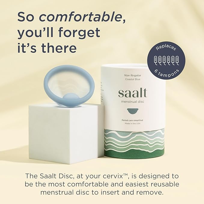 Saalt Menstrual Disc - Soft, Flexible, Reusable Medical-Grade Silicone - Wear 12 Hours - Removal Notch - Two Sizes - Menstrual Cup or Tampon Alternative - Made in USA - Lasts 10 Years (Blue, Regular)