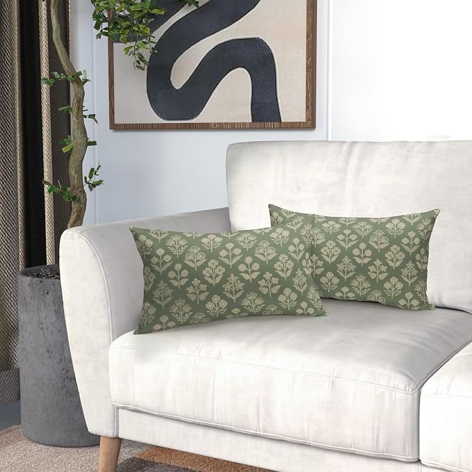 Sage Green Pillow Covers 12x20 Inch Set of 2, Cream Floral Block Print Pattern Lumbar Decorative Throw Pillowcases Outdoor Farmhouse Rectangle Cushion Covers Spring Summer Sofa Couch Bed Decor