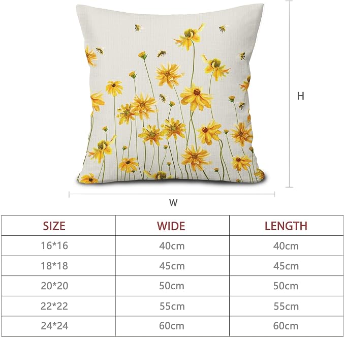 Spring Summer Floral Pillow Covers 18X18 Inch Set of 2 Coreopsis Daisy Yellow Flowers Bee Decorative Pillow Cases Farmhouse Seasonal Cushion Case Farmhouse Home Decor for Sofa Couch Bedroom Outdoor