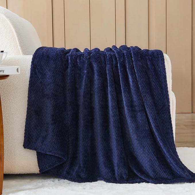 NEWCOSPLAY Fleece Leaves Pattern Queen Blanket, Dark Navy, 90"x90" | Super Soft Throw Blanket, Lightweight Cozy Bed Sofa Blanket, Premium Silky Flannel Fleece, Travel Blanket for All Season Use