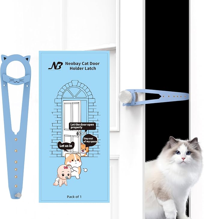 Neobay Cat Door Latch with Stabilizer, 7 Sizes Adjustable Cat Door Holder Latch to Keep Dog Out of Litter Box, No-Drill Alternative of Pet Gates and Interior Pet Door, Blue, 1 Pack