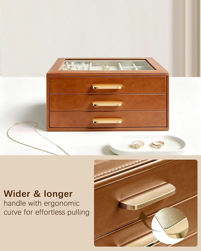 Homeanda Jewelry Boxes Organizer with Glass Lid, 3-Layer PU Leather, Brown | Modern style display case with 3 drawers for daily jewelry, women, mom or girl gift