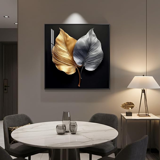 Framed Modern Elegant Wall Art, Black Gold and Silver Leaf Prints Paintings Artwork for Walls, Contemporary Luxury Picture for Bedroom, Dining Room, Lounge, Office, Living Room Wall Decor 24x24 In