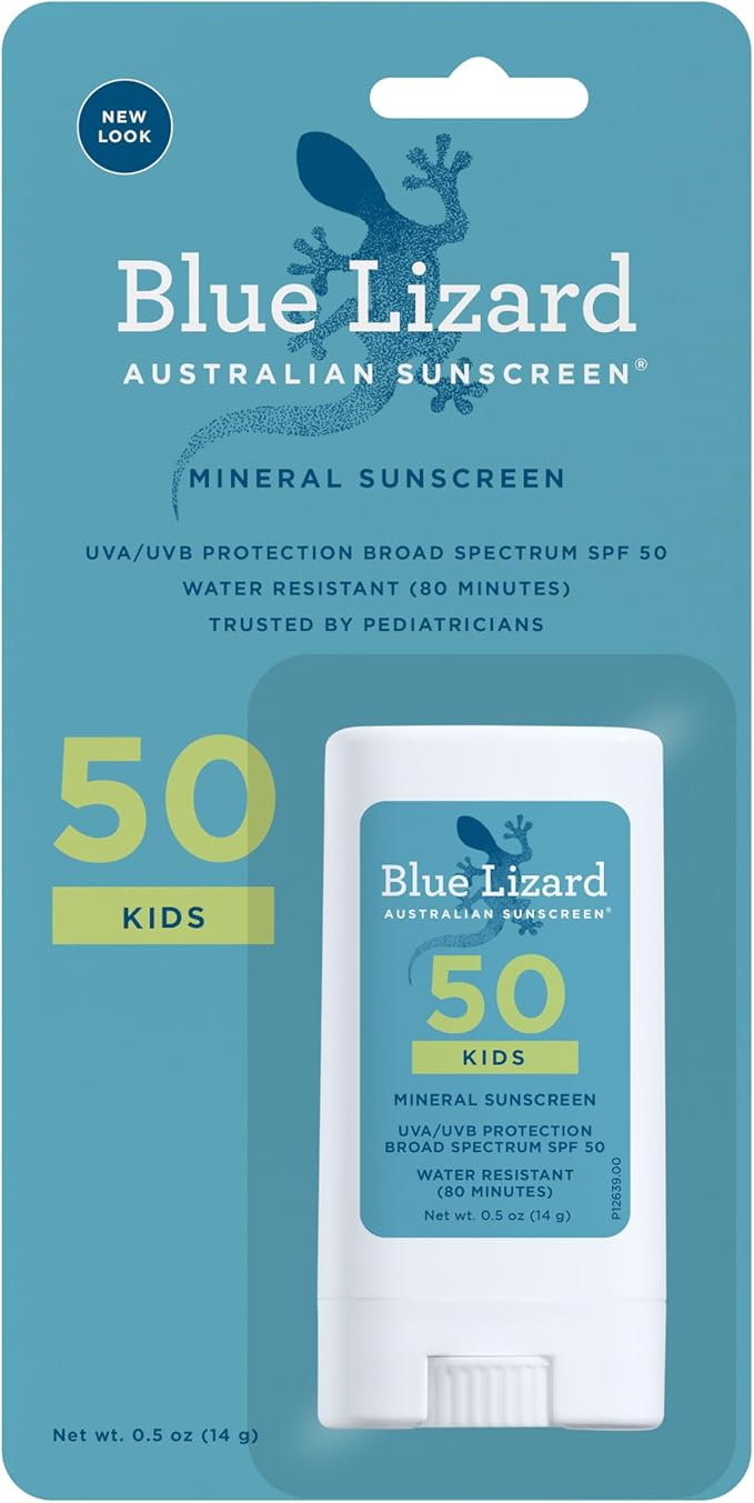 Blue Lizard Kids Mineral SPF 50 Sunscreen Stick, Zinc Oxide, 100% Mineral Actives, Developed for Kids’ Sensitive Skin, TSA-Friendly, Vegan, Paraben-free, Fragrance-Free, 0.5 oz