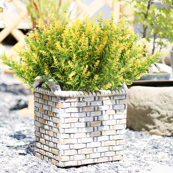 RECUTMS 8Pcs Artificial Lavender Flowers for Outdoor Decoration,Fake Shrubs | Spring Fall Decor,Yellow Faux Flowers For Outdoor Planters UV Resistant Faux Greenery Bushes House Garden Patio Indoor Decor