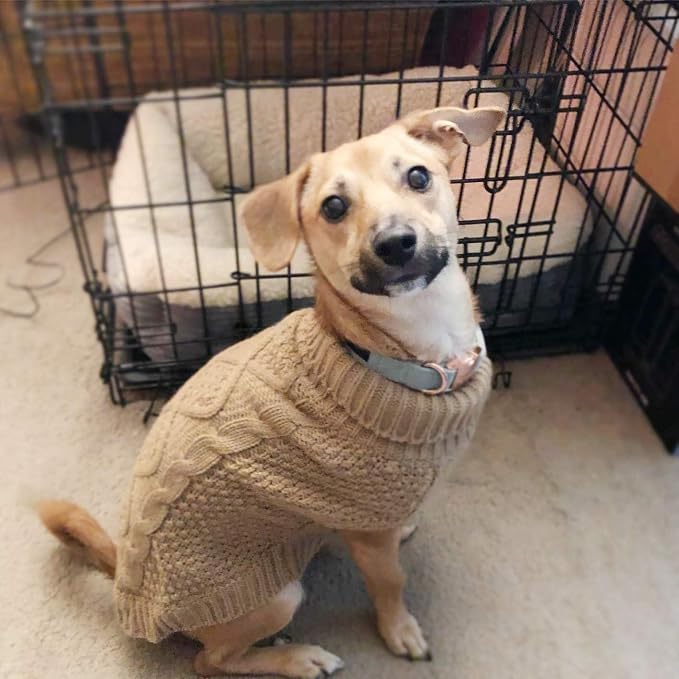 Mihachi Turtleneck Dog Sweater - Winter Coat Apparel Classic Cable Knit Clothes with Leash Hole for Cold Weather, Ideal Gift for Pet in New Year Khaki