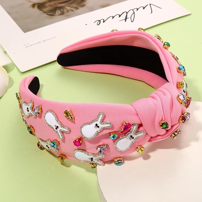 mokkia Easter Headbands Beaded Rabbit Bunny Headband for Women Pink Spring Knotted Headband Easter Hair Accessories Gifts