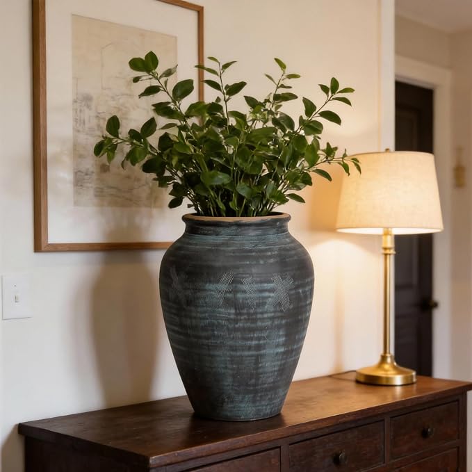 14.17" Blue Ceramic Vase, Rustic Farmhouse Living Room Home Decor | Artisan Handcrafted Large Ceramic Vase