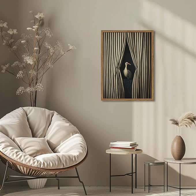 Framed Moody Crane Wall Art, Eclectic Vintage Bird Pictures Wall Decor Paintings, Surreal Humorous Animal with Black and White Striped Canvas Prints for Living Room Bedroom Bathroom Dorm 16x24 inch