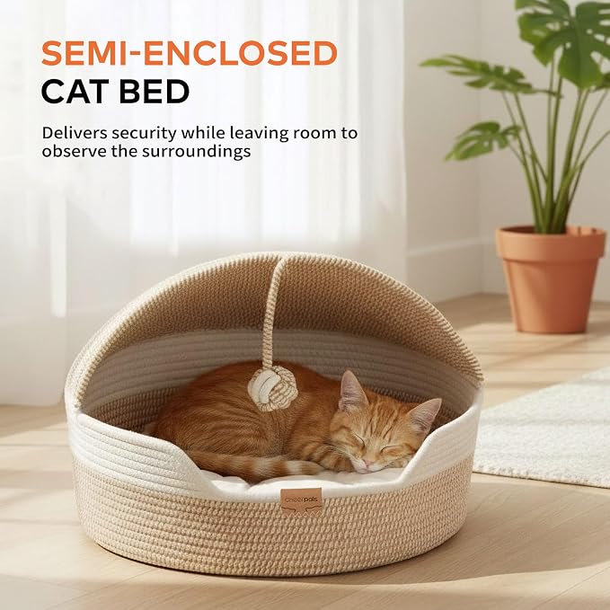 CHEERPALS Cat Basket Bed with Washable Cushion and Ball Rope Cotton, Covered Pet Bed for Indoor Cats Cave Bed Hooded, Stimulicat Cat Bed Handwoven Breathable, All Season Universal(White)
