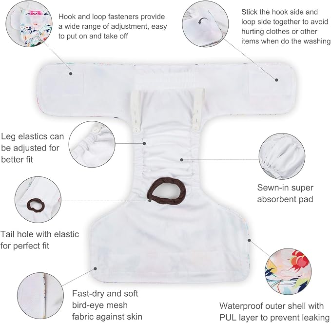 CuteBone Dog Diapers Female Washable Small Medium Large 3 Pack Reusable Doggie Diapers Puppy Period Pants for Doggy Heat Cycle Peeing