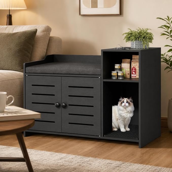 Cat Litter Box Enclosure Furniture, Large Hidden Litter Box Cabinet with Double Door, End Table Cat House with Storage Shelf, Modern Pet Furniture for Living Room, Black