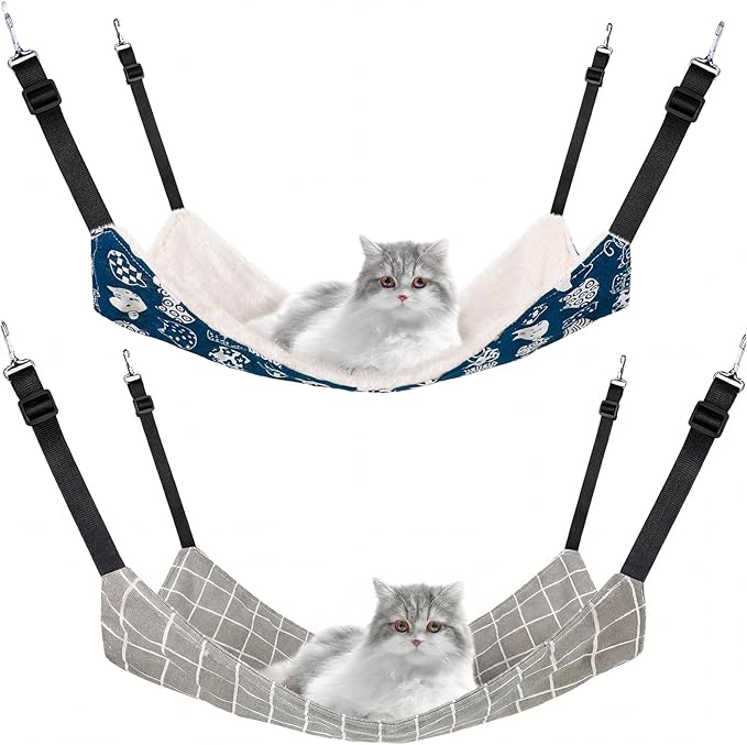 Jetec 2 Pack Cat Hammock for Cage, Cat and Plaid, L | Catio Accessories, Reversible Soft Cats Bed, Adjustable Straps and Hooks, Double-sided Linen, Fleece Hanging Hammock for Cats